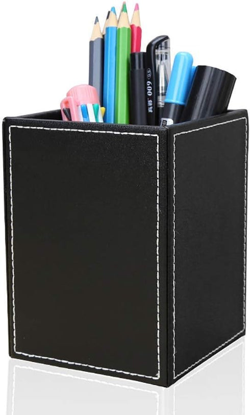 KINGFOM PU Leather Square Pens Pencils Holder - Desktop Organizer Case (Black)