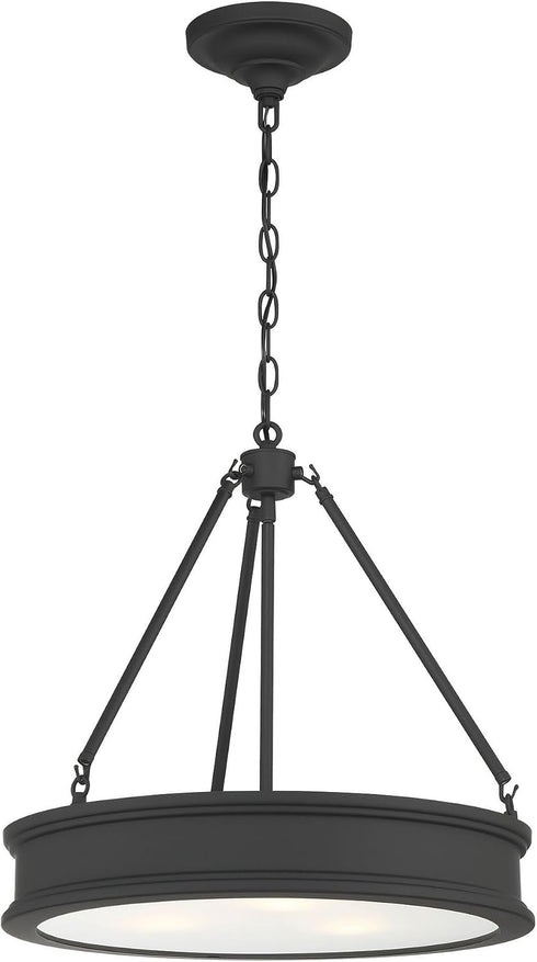 28990 100-Watt 3-Light Bulbs Minka Lavery Matte Black Drum Pendant Light with Frosted Clear Glass Shade, No Included
