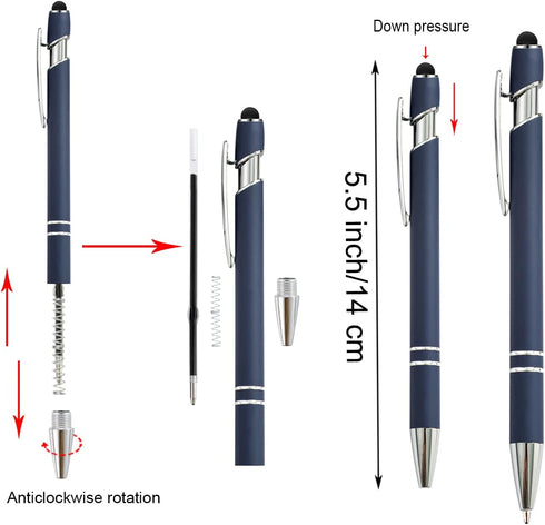 PASISIBICK 12 Pieces Blue Ballpoint Pen with Stylus Tip, 2 in 1 Stylish Metal Pen for Touch Screens, Black Ink (12 PCS)