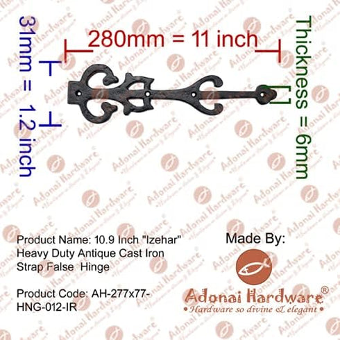 10.9 Inch False/Faux/Dummy (2 Pack, Adonai Hardware Izehar Heavy Duty Antique Cast Iron Strap Hinge Fronts Black Powder