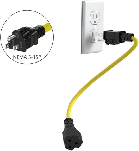 1-FT 15 Amp AC Plug to 20 Amp T Blade Adapter Cable, 12AWG Nema 5-15P to 5-20R/6-15R, Heavy Duty Extension Cord