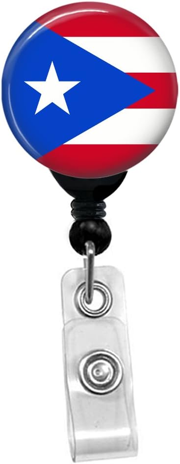 Puerto Rico Flag Retractable Badge Reel, Custom ID Card Name Tag Holder, Black Badge Reel with Belt Slide Clip