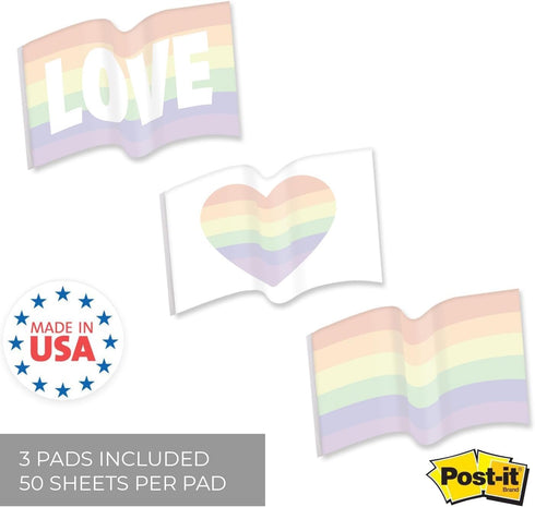 Gay Pride Flag Sticky Note Assortment | 4" x 3" Repositionable LGBTQ Love Notes | Set of 3 Rainbow Heart Flag Pads