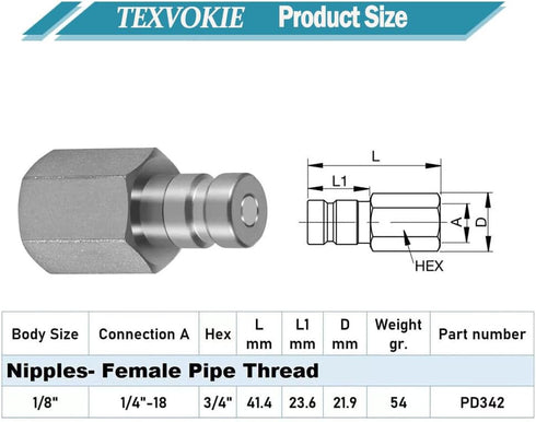 TEXVOKIE PD342 1/8" 1/4"-18 1.63" Test Port and Diagnostic Equipment Quick Nipple with Female Pipe Thread, Fits for PD
