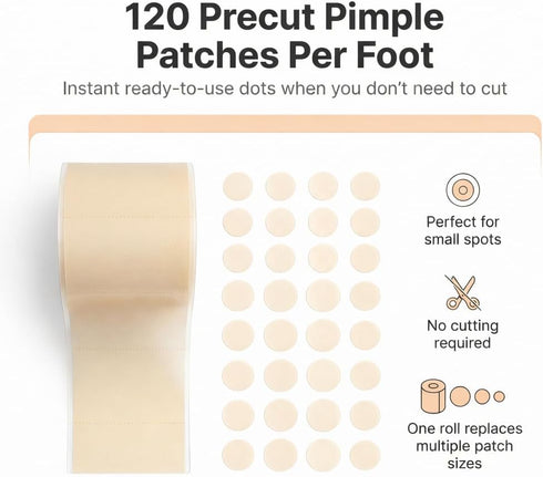 Dermatrue 2 20ft 120 Extra Large Hydrocolloid Roll x with Easy-Tear Perforations + Precut Pimple Patches Hydrocolloid