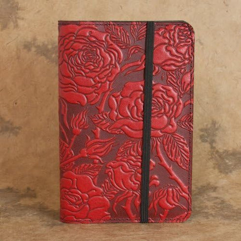 Oberon Design Wild Rose Pocket Notebook Cover, Fits 5.5 x 3.5 Inch Notebooks, Embossed Genuine Leather, Red