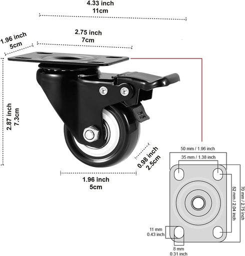2" Caster Wheels Set of 4, Heavy Duty with Brake, No Noise Locking Polyurethane (PU) Wheels