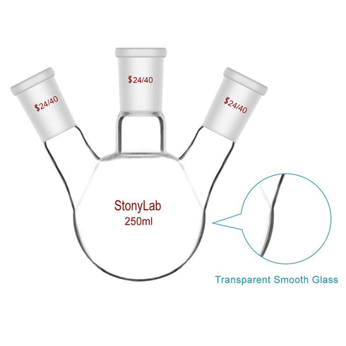 StonyLab Glass 250ml Heavy Wall 3 Neck Round Bottom Flask RBF with 24/40 Standard Taper Outer Joint