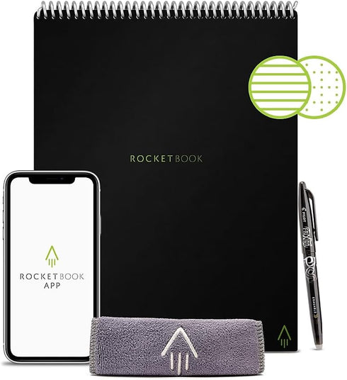 Rocketbook Flip Smart Notepad, Black Cover, Lined/Dot Grid Rule, 8.5 x 11, White, 16 Sheets