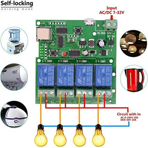 WiFi Wireless Inching Relay Momentary/Self-Locking Switch Module, DIY Smart Home Remote Control, DC 5-32V, AC90-260V