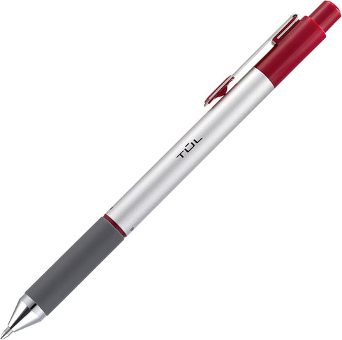 TUL BP3 Ballpoint Pen, Retractable, Medium Point, 1.0 mm, Silver Barrel, Red Ink, Pack of 12