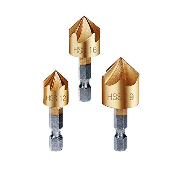 Countersink Drill Bit Set, 3 Pcs 1/4'' Hex Shank High Carbon Steel 5 Flute Countersink Tool Sets