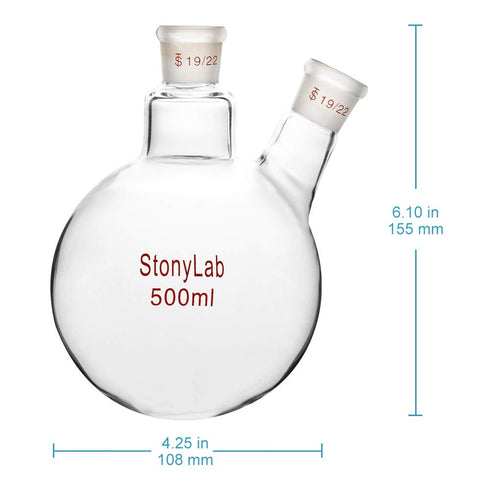 StonyLab Glass 500ml Heavy Wall Round Bottom Flask RBF, 19/22 Center and Side Standard Taper Outer Joint