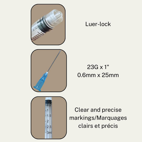 Veterinary Syringe with Needle, Luer Lock 3cc (3ml), 23G x 1 inch (25mm), Individually Sealed, 100 per box, 03LT2325