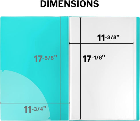 Dunwell 11x17 Portfolio Binder Folder, Aqua, Vertical, with Plastic Sleeves and Poly Cover