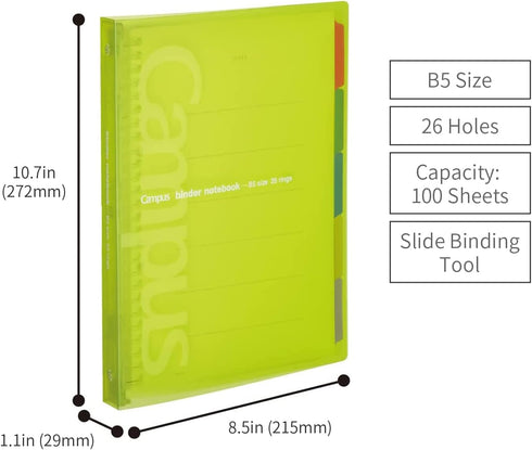 Kokuyo Campus Slide Binder with 5 Tab Dividers, Middle Type, B5, 26 Holes, Up to 100 Sheets, Yellow Green, Plus 200 Sheets of Loose-Leaf Paper, Japan Import (RU-P333NYG & NO-S836BT) by KOKUYO