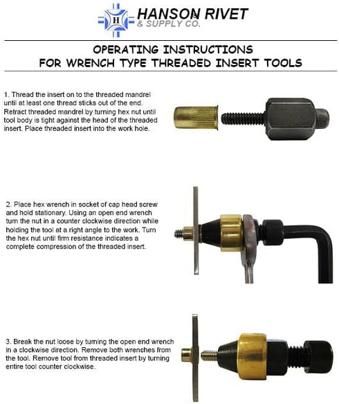 Hanson Rivet HAND-THREADED INSERT INSTALLATION TOOL FOR 10-32 SIZED INSERTS. DESIGNED FOR ALUMINUM & STEEL THREADED INSERTS, IT IS VERY EASY TO USE AND COMES COMPLETE WITH AN INSTRUCTION MANUAL. by Hanson Rivet