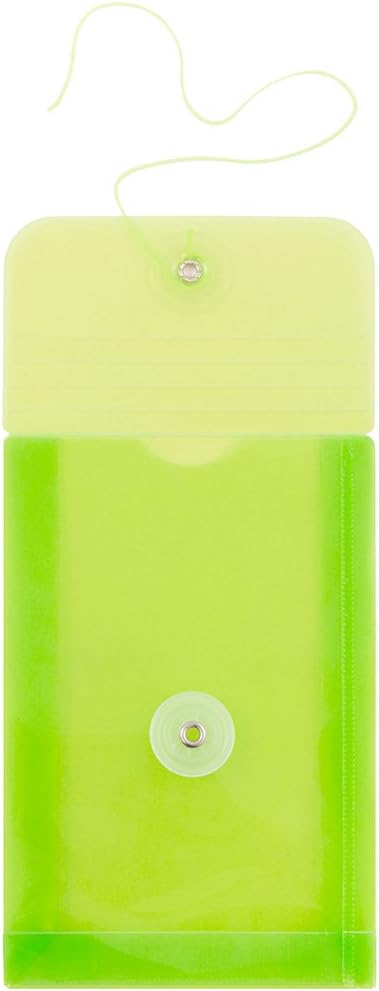 JAM PAPER Plastic Envelopes with Button & String Tie Closure, 4 1/4 x 6 1/4, Lime Green, 12/Pack