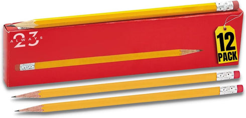 WoodCased Pencils, Yellow, Pre-sharpened with Erasers, 2 HB 12 Pack