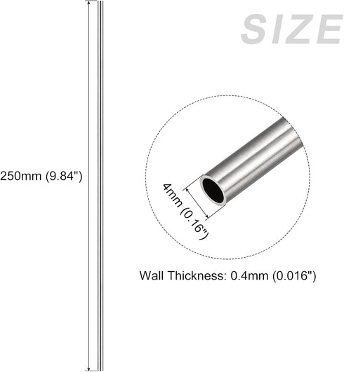 304 Stainless Steel Tube (4mm OD x 0.4mm T x 250mm L), Straight Tubing - for Home Furnishing, Machinery