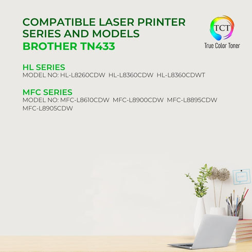 TCT Premium Toner Cartridge for Brother TN-433 TN433BK Black High Yield, Works with HL-L8260CDW, MFC-L8610CDW Printers