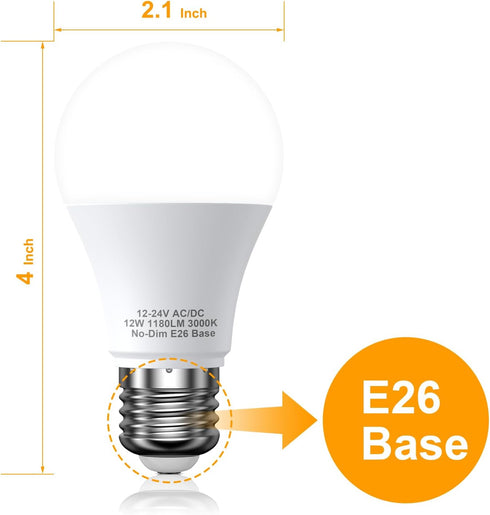 12V LED Light Bulbs, 12W 1050LM Warm White 3000K, 80W Equivalent, E26 Base for Off Grid Solar Lighting, 4 Pack