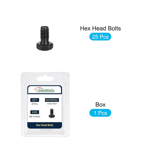 Hex Bolts (M6-1x12mm) 25Pcs, 12.9 Grade Fully Threaded Carbon Steel Black Oxide Coarse Thread UNC Hex Head Screw Bolt -