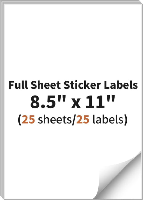Full Sheet Sticker Labels, 8.5" x 11", 25 Sheets, 25 Labels, White