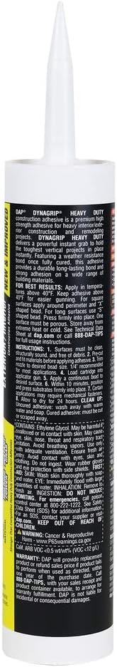 DAP 9Oz 27509 10 Oz DynaGrip Heavy Duty Exterior & Interior Construction Adhesive, 9 oz, Off- White by DAP