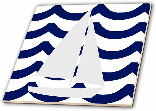 3dRose White Toy Sailboat On Blue Waves 8 Inch Ceramic Tile