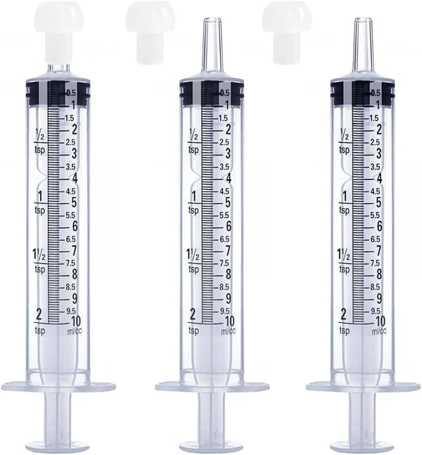 10mL Syringe for Liquid, Food, Oral, Scientific Labs, Measurement, Dispensing, 3 Pack with Press-In Adapter, Big Tip