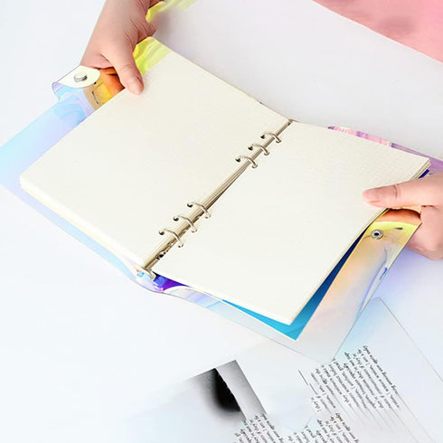 Clear Rainbow 6-Ring PVC Binder Cover, 2 Pcs, Holographic Notebook Protector with Button Closure