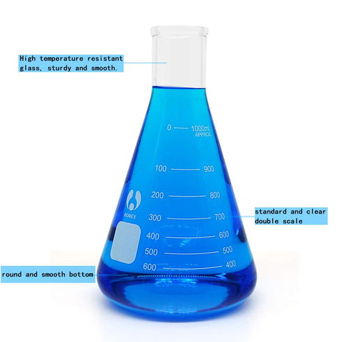 Glass Flask Erlenmeyer Flask, Narrow Mouth, 1000ml Graduated Flask with Stopper (Single).