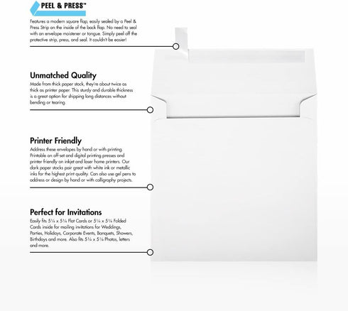 LUXPaper Square Invitation Envelopes | 50 Qty | Peel & Press | 5 1/2" x 5 1/2" | Bright White | 80lb. Text