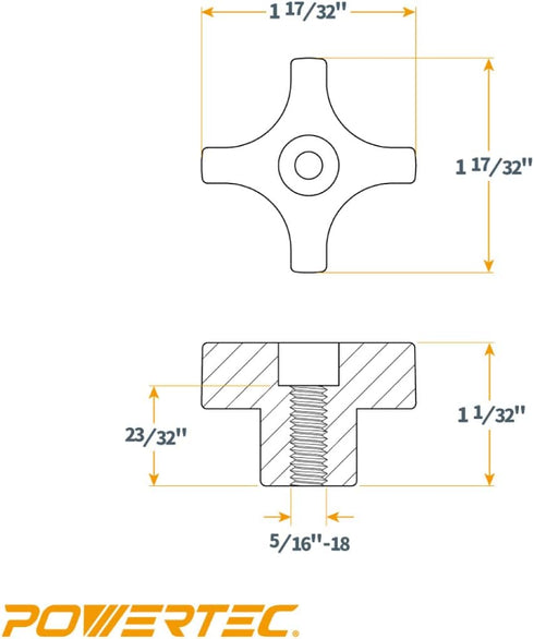 POWERTEC 5/16"-18 4 Point Knobs, 5 Pack, Clamping Knobs with Steel Insert for T Track Bolts
