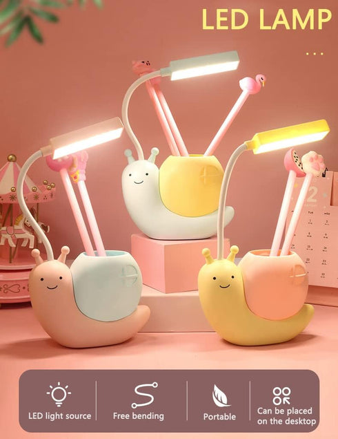 Cute Kids Lamp with Pen Holder, Snail Shape LED Desk Lamp, USB Charging Eye Protection Lamp with 360 Bendable Neck