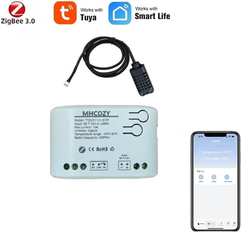 Zigbee Temperature & Humidity Controller, Extendable Probe Sensor, Tuya App Remote, 10A Relay Switch (T&H, 12 Volts)