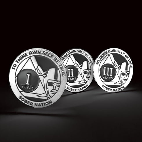 MYRECOVERYSTORE Silver and Black Pirate Alcoholics Anonymous AA Chip with Coin Capsule, 1-50 Years
