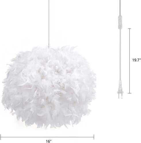 14.8' Surpars House Plug in Pendant Light White Feather Chandelier with Cord and On/Off Switch in Line