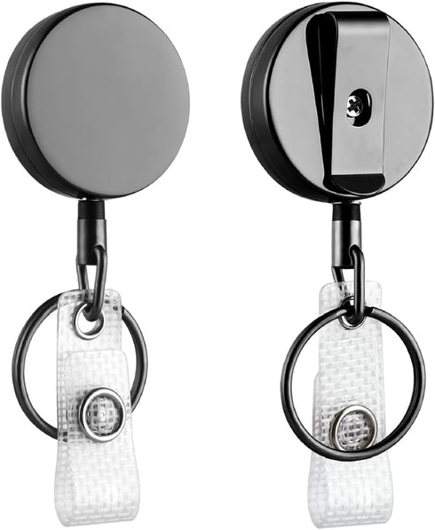 Will Well ID Badge Holder Reel with Clip and Keyring - Heavy-Duty All-Metal Casing, 2-Pack, Glossy Black
