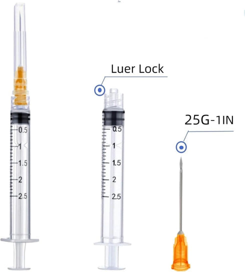 Disposable Lab Syringes, 3ml, 25G 1 Inch Needle, Luer Lock, Pack of 100, Individually Sealed