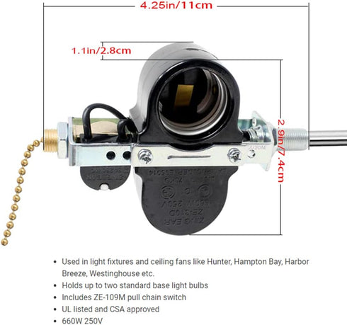 Ze-310d, Zing Ear Ceiling Fan Light Switch & Socket Replacement Parts - Pull Chain Switch for Lamp Holder (Nickel
