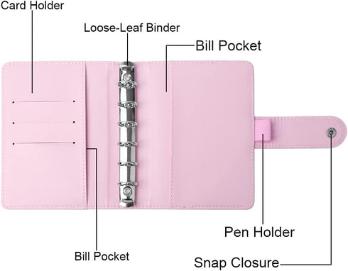 Pink A7 Macaron Colored PU Leather Binder Wallet - 6 Rings Loose Leaf Notebook Folders with Snap Button