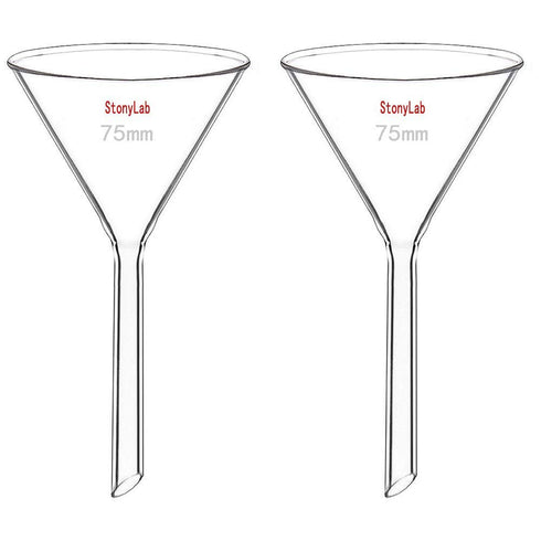 StonyLab 2-Pack Heavy Wall Borosilicate Glass Funnel, Short Stem 75mm Diameter