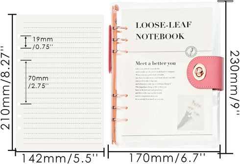 A5 90 6-Ring Clear Refillable Notebook Binder with Sheets Lined Paper Rose Gold Soft Transparent PVC Binder Cover