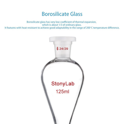 stonylab Borosilicate Glass 125 ml Heavy Wall Conical Separatory Funnel with 24/29 Joints and PTFE Stopcock