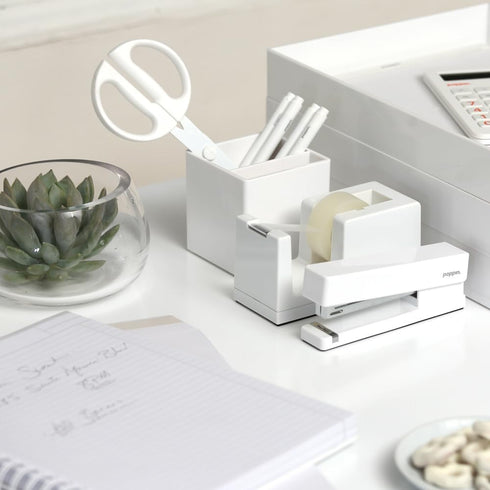 Poppin Desk Tape Dispenser - Stylish Non-Skid Weighted Base, Includes Roll of Tape (White)