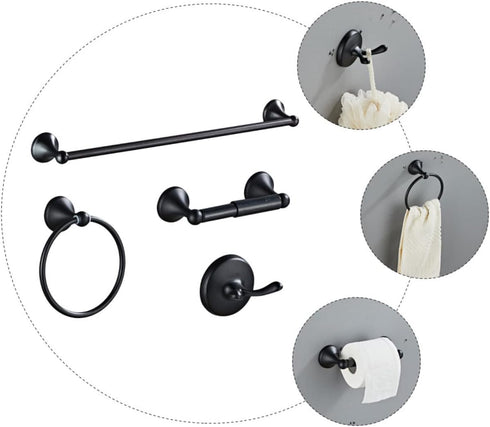 LIFKOME 4-Piece Set Bathroom Towel Rack Zinc Alloy and Stainless Steel Wall-Mounted Towel Holder Hooks Black Finish