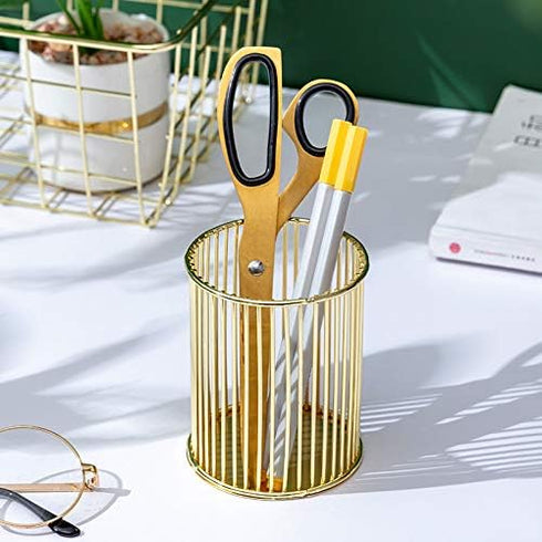 Gold Metal Pen Holder for Desk, Makeup Brushes Cup, Pencil Holders, Office & Home Organizer