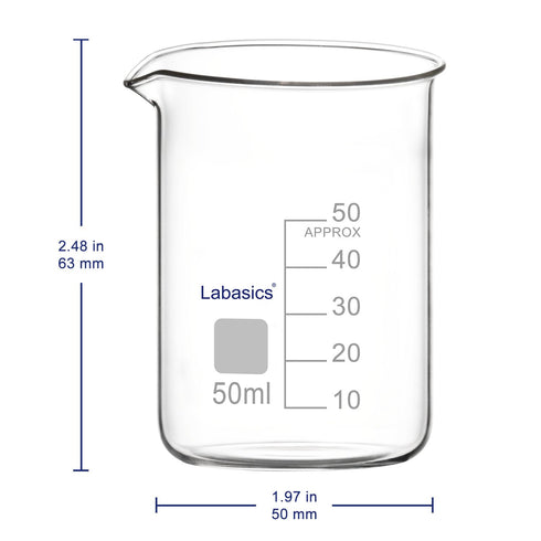 Glass Beaker, 50 ml Borosilicate Graduated Low Form Griffin Beaker with Pouring Spout, 1 Pack, High Temperature